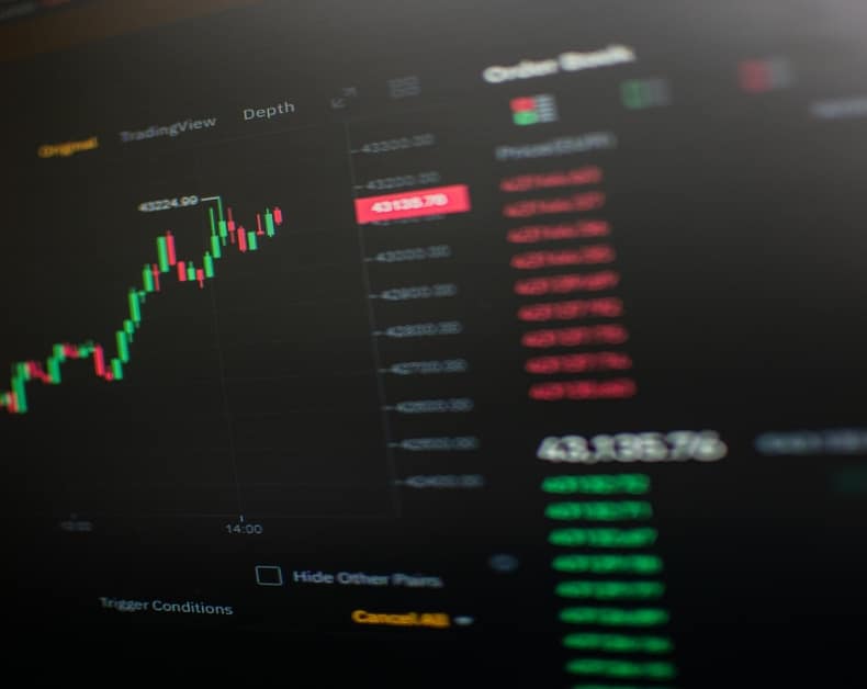 Stock trading dashboard with a candlestick chart on the left and red/green price lists on the right, showing active market data.