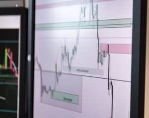 Monitor displaying a trading chart with candlesticks and colored zone overlays (green and pink areas) for price levels.