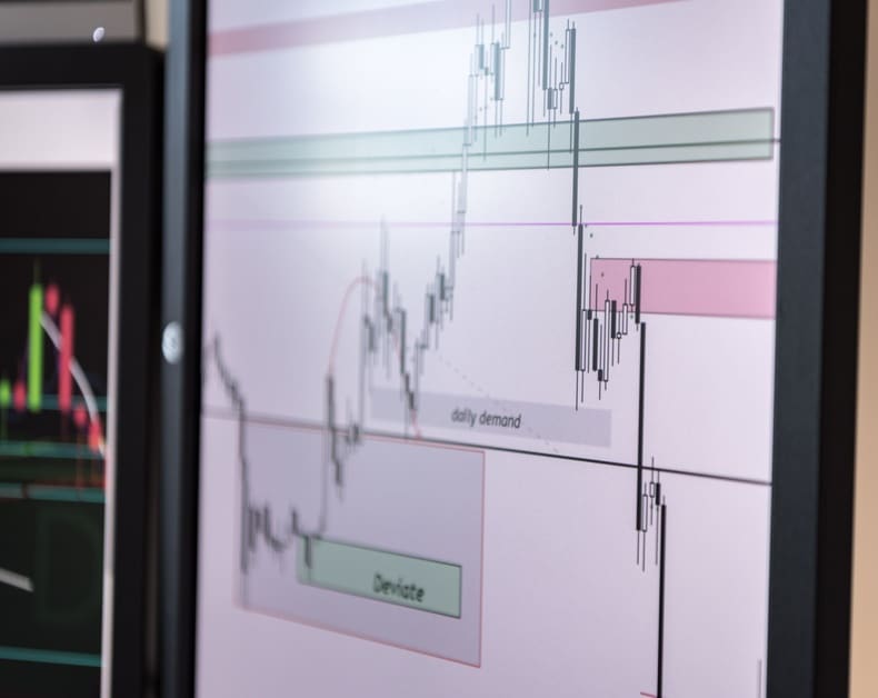 Monitor displaying a trading chart with candlesticks and colored zone overlays (green and pink areas) for price levels.