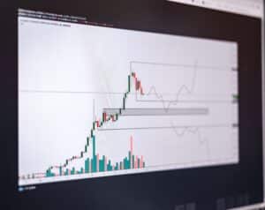 Stock trading chart on a monitor showing candlesticks, volume bars, and shaded support/resistance zones with hand-drawn projections.