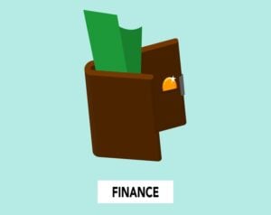 Brown wallet with green bills sticking out, on a light teal background; labeled FINANCE to convey financial theme