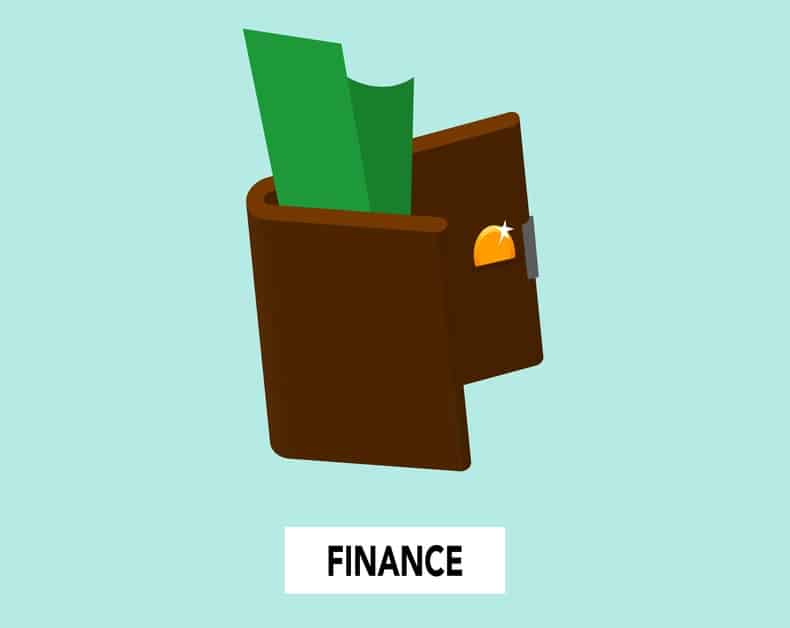 Brown wallet with green bills sticking out, on a light teal background; labeled FINANCE to convey financial theme