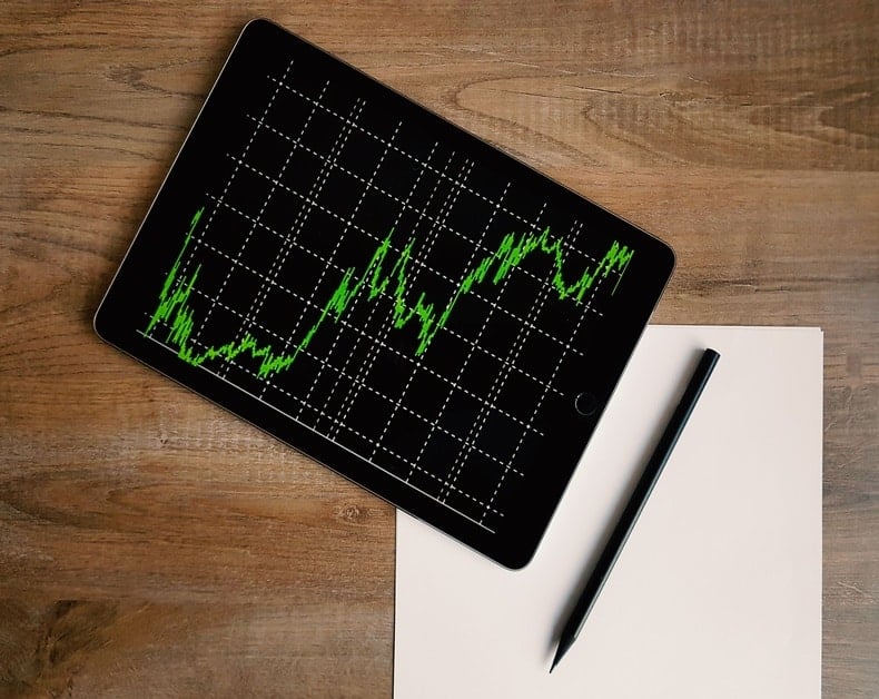 Tablet displaying a green line graph on a black screen, with a pencil and blank sheet on a wooden desk