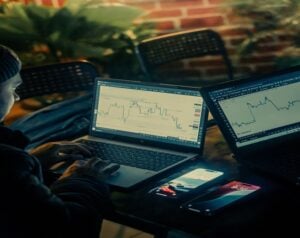Person working on two laptops displaying stock charts, with a smartphone nearby.