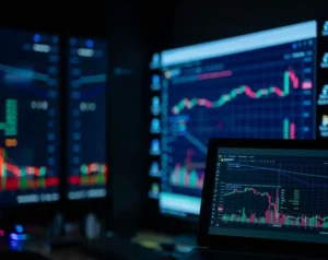 Multiple monitors display complex stock charts with candlestick graphs and volume bars in a dim trading room.