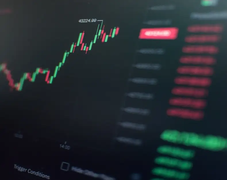 Candlestick trading chart on a dark dashboard showing an upward price move, with a highlighted 43224.99 and a blurred right-side panel of quotes and metrics.