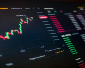 Trading dashboard showing a candlestick chart with green and red bars and a price ladder on the right.