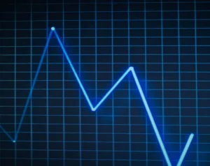 Blue neon line graph showing rising and falling values on a dark grid background.