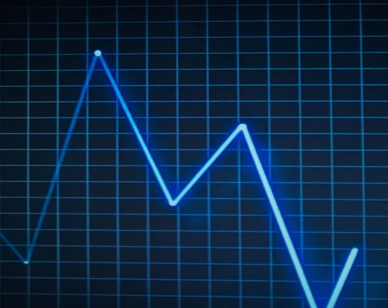 Blue neon line graph showing rising and falling values on a dark grid background.